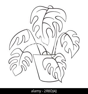Stile artistico della linea Monstera. Linea foglia Monstera art. Disegno del contorno. Monstera casa pianta disegno a mano. Illustrazione Vettoriale