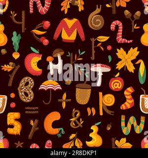 Cartoni animati autunnali e lettere o numeri del Ringraziamento motivo senza cuciture. Sfondo vettoriale con carattere alfabetico del festival del raccolto autunnale. Foglie autunnali, zucche e mais, mele e ghiande abc Illustrazione Vettoriale