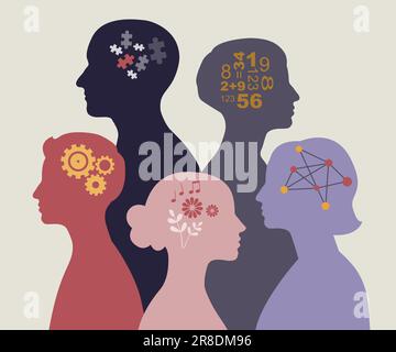 Illustrazione della neurodiversità. Persone con mentalità o caratteristiche psicologiche diverse. Illustrazione Vettoriale