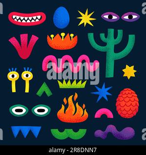 Fantasy World, carino cartoon astratto icone su mostro o UFO. Insieme di diversi elementi grafici con texture punteggiata. Illustrazione disegnata a mano in una Illustrazione Vettoriale