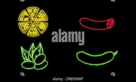 Neon Street food icona set. Vector Fastfood raccolta di segni. Semplici indicazioni per caffè, consegna, stalla, stand, fornitore. Illustrazione del pittogramma luminoso di take away Illustrazione Vettoriale