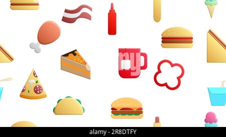 Infinite icone bianche senza cuciture di cibi deliziosi e snack set per il bar ristorante caffè: hamburger, hot dog, sandwich, pizza, burrito, bevande, Illustrazione Vettoriale