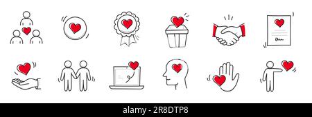 Mano di carità, icona della linea del doodle della comunità di fiducia. Comunità di carità, la collaborazione, la gente il concetto di solidarietà il set dell'icona. Linea di stile di schizzo a mano disegnata a mano. Illustrazione vettoriale Illustrazione Vettoriale