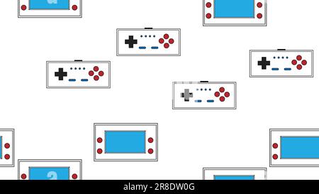 Senza interruzioni modello infinito con console di gioco portatili e joystick, giocattoli elettronici vecchio retrò hipster vintage dal 70s, 80s, 90s isolato su bianco bac Illustrazione Vettoriale