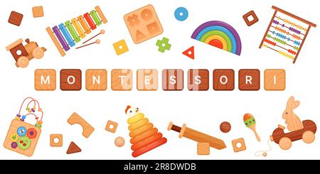 Illustrazione vettoriale del design del banner Montessori. Cubi isolati in legno con scritta Montessori, blocchi geometrici di puzzle e abaco, piramide e giocattoli arcobaleno per lo sviluppo dei bambini Illustrazione Vettoriale