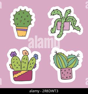 Set di graziosi adesivi di cactus in pentole. Piante indoor. Per la progettazione di biglietti, inviti o adesivi. Vettore isolato Illustrazione Vettoriale