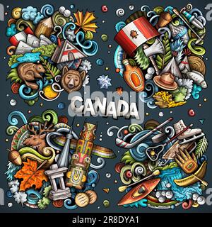 Canada cartone animato vettore doodle disegni set. Composizioni colorate e dettagliate con molti oggetti e simboli canadesi. Illustrazione Vettoriale