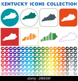 Collezione Kentucky icons. Icone luminose colorate e alla moda. Badge del Kentucky moderno con la mappa dello stato degli Stati Uniti. Illustrazione vettoriale. Illustrazione Vettoriale
