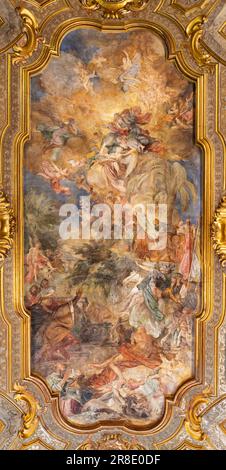 Napoli - il soffitto affresco il sacrificio di Elia in sacrestia della chiesa Basilica santuario di Santa Maria del Carmine maggiore Foto Stock