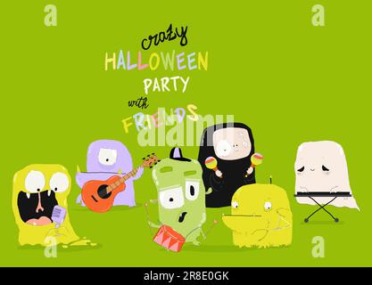 Divertente Halloween Monsters Band che suona Crazy Music Illustrazione Vettoriale