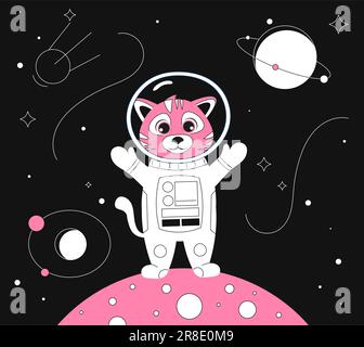 Cosmonaut gatto al concetto di linea del pianeta Illustrazione Vettoriale