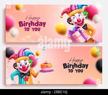 Banner con set vettoriale per il buon compleanno. Compleanno clown e personaggio mago in sfondo colorato. Disegno della scheda di invito con illustrazione vettoriale. Illustrazione Vettoriale