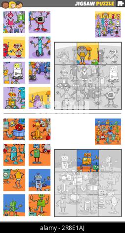 Cartoon illustrazione di attività didattiche puzzle jigsaw set con robot personaggi gruppo Illustrazione Vettoriale