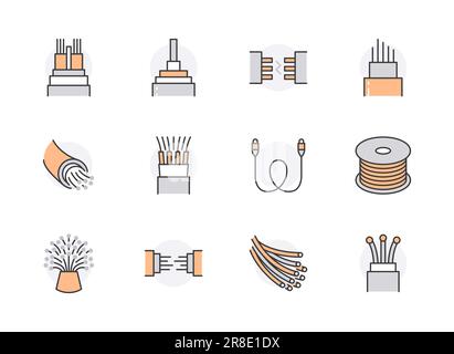 Icone flat line in fibra ottica. Connessione di rete, cavo del computer, bobina del cavo, trasferimento dati. Insegne sottili per negozi di elettronica, servizi internet Illustrazione Vettoriale