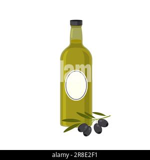 Olio d'oliva in una bottiglia di vetro scuro. Bottiglie vettoriali con olive nere. Elemento di design per menu, etichette, confezioni isolate su fondo bianco. Illustrazione Vettoriale