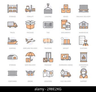 Icone linea piatta trasporto merci. Trasporto, consegna espressa, logistica, spedizione, sdoganamento, monitoraggio, etichettatura. Segnali di trasporto sottili per Illustrazione Vettoriale