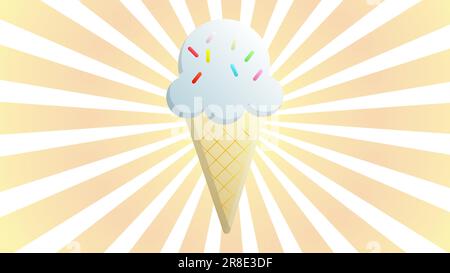 Ice Cream waffle cono retro rovesciato segno di stile Sunburst Rays - elementi bianchi su sfondo a righe turchese - Vector Hand disegnato Design. Illustrazione Vettoriale