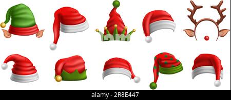 Cappelli di Natale. Festive Santas berretto rosso, elfo cappello con le orecchie e natale cervi antlers inverno vacanze festa decorazione elementi vettore illustrazione set. Divertimento Illustrazione Vettoriale