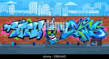 Colorato Outdoor Urban Streetart Graffiti Wall con disegni sullo sfondo del paesaggio urbano Vector Illustration Illustrazione Vettoriale