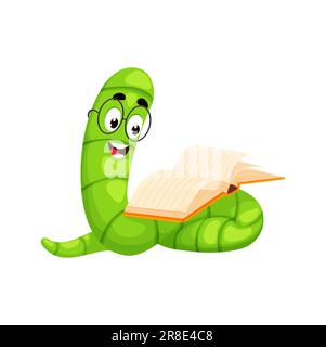 Personaggio di cartoni animati, animale da libro. Il carino bug verde vettoriale isolato è impegnato nella lettura con un'espressione affascinante sul volto. Simpatico studente caterpillar, nerd, geek o lettore Illustrazione Vettoriale