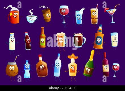 Happy drink e personaggi delle bevande. Tazze da tè o caffè vettoriali e bicchiere da vino, acqua, cola o bibita. Cocktail, latte, rum o tequila, polpa e bottiglia di champagne. Brandy, succo di cocco, tankard di birra Illustrazione Vettoriale