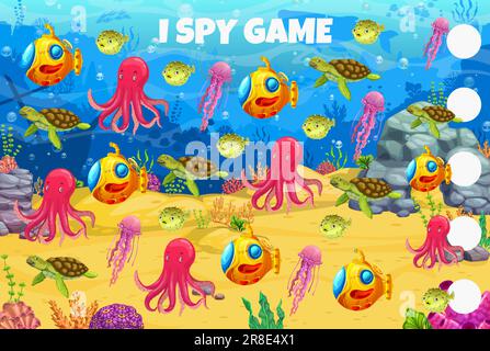 Gioco di spie. Animali marini, pesci, sottomarini e paesaggi sottomarini. Puzzle di ricerca oggetti, quiz di calcolo o foglio di lavoro vettoriale per bambini con tartarughe, polpi, pesci e meduse animali marini Illustrazione Vettoriale