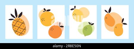 Set di poster astratto con frutti tropicali. Sfondo estivo con ananas, pompelmo, arancia, limone, lime e mango. Illustrazione vettoriale. Illustrazione Vettoriale