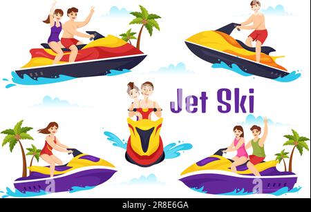 Persone Ride Jet Ski Vector Illustrazione Estate vacanza Recreation, Extreme Water Sports e Resort Beach attività in mano disegnato piano Cartoon modello Illustrazione Vettoriale