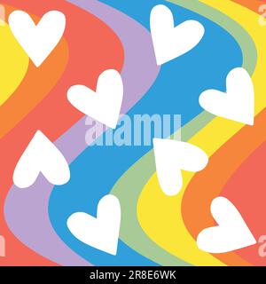 Modello vettoriale senza cuciture di cuori isolati su grovoso onda lgbt bandiera arcobaleno Illustrazione Vettoriale