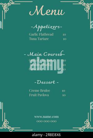 Illustrazione del menu con elenco di antipasti, portata principale, dessert con sito Web e numero Foto Stock