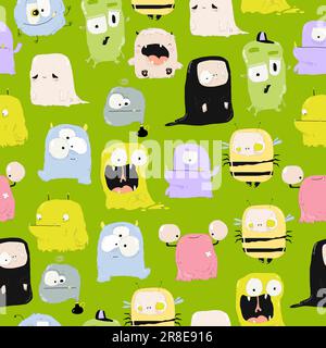Modello senza cuciture con simpatici mostri colorati per Halloween su sfondo verde Illustrazione Vettoriale