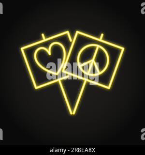 Piatti con simbolo di amore e pace neon icona. Compresse con segni cardiaci e del pacifico. Illustrazione vettoriale. Illustrazione Vettoriale