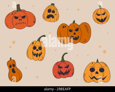 Un set di zucche spaventose per Halloween. Il simbolo principale della festa di Halloween. Illustrazione Vettoriale
