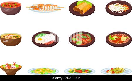 Icone del cibo tailandese impostano il vettore dei cartoni animati. Cena a base di riso Illustrazione Vettoriale