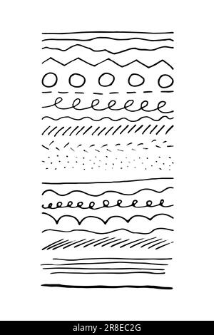 Set di linee di doodle vettoriali. Pennellate nere di vernice isolate su sfondo bianco. Illustrazione disegnata a mano per stampa, decorazione. Onda lineare, punto, cir Illustrazione Vettoriale
