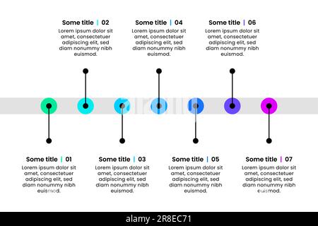 Modello infografico con 7 opzioni o passaggi. Linea orizzontale. Può essere utilizzato per il layout del flusso di lavoro, il diagramma, il banner, il webdesign. Illustrazione vettoriale Illustrazione Vettoriale