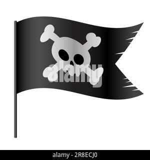 Bandiera nera dei pirati frastagliata con cranio e ossa. Nave Raider pennant con ossa incrociate e cranio illustrazione. Banner nero marino rapinatore. Tesoro hun Illustrazione Vettoriale