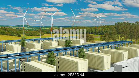 Un moderno stoccaggio di batterie e turbine eoliche in natura, 3D illustrazione Foto Stock