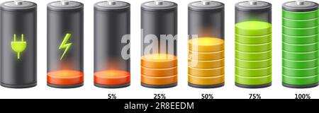 Animazione dell'indicatore di carica della batteria. Fasi del processo di carica delle batterie ricaricabili, icona di collegamento del caricabatteria e set vettoriale della scala di capacità dell'accumulatore. Te Illustrazione Vettoriale