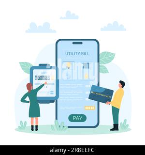 Pagamento delle bollette delle utenze nell'illustrazione vettoriale dell'app mobile. Cartoon persone piccole controllare le letture del contatore elettrico, tenere la carta di credito per pagare il consumo di risorse naturali attraverso l'applicazione smartphone Illustrazione Vettoriale