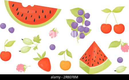 Raccolta frutti di bosco estivi. Mirtilli e lamponi della foresta, ciliegie da giardino e fragole, uva spina e cocomero. Illustrazione vettoriale in c Illustrazione Vettoriale