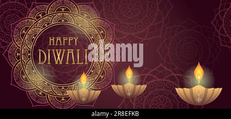 Illustrazione di sfondo senza interruzioni di Happy Diwali Vector con spazio di testo. Ripetibile orizzontalmente. Illustrazione Vettoriale