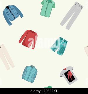 Modello senza cuciture e abbinamenti di pantaloni e T-shirt da gioco colori. Blu, blu, verde, giallo, ecc. Colori luminosi di vestiti con disegni. Adatto per l'uso Illustrazione Vettoriale