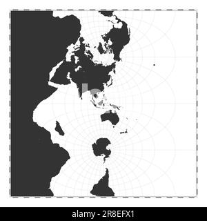 Mappa del mondo vettoriale. Proiezione trasversale sferica di Mercatore. Mappa geografica del mondo con linee di latitudine e longitudine. Centrato a 120deg W longi Illustrazione Vettoriale