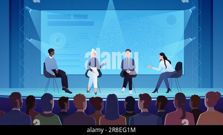 Conferenza scientifica, conferenza con presentazione di fronte al pubblico vettore illustrazione. Il gruppo internazionale di scienziati Cartoon parla sul palco, i relatori spiegano la ricerca scientifica agli azionisti Illustrazione Vettoriale