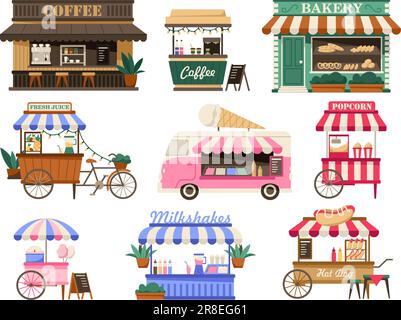 Accoglienti bancarelle e stand del mercato. Bar e panetteria, gelateria, popcorn, caramelle di cotone, hot dog e chioschi per bevande, set di illustrazioni vettoriali. Sellin Illustrazione Vettoriale