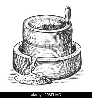 Vecchia macina manuale. Illustrazione del vettore di schizzo disegnato a mano. Trasformazione di semi di cereali in farina per cucinare Illustrazione Vettoriale