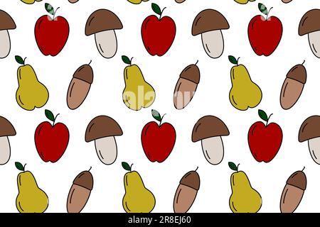 Coloratissimo motivo di frutta di stagione come funghi, mela, pera e ghianda. Giorno del Ringraziamento. Vettore. EPS. Isolare. Design per l'imballaggio, il wallpape Illustrazione Vettoriale