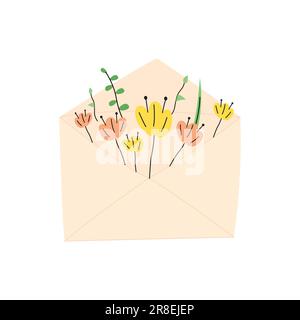 Simpatica illustrazione cartoon di busta con fiori di colore giallo e rosa. Piante all'interno della busta doodle. Illustrazione Vettoriale