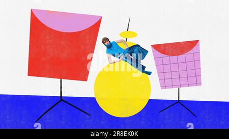 Giovane uomo elegante, artistico, espressivo, che fa performance artistica creativa. Collage d'arte contemporanea. Foto Stock